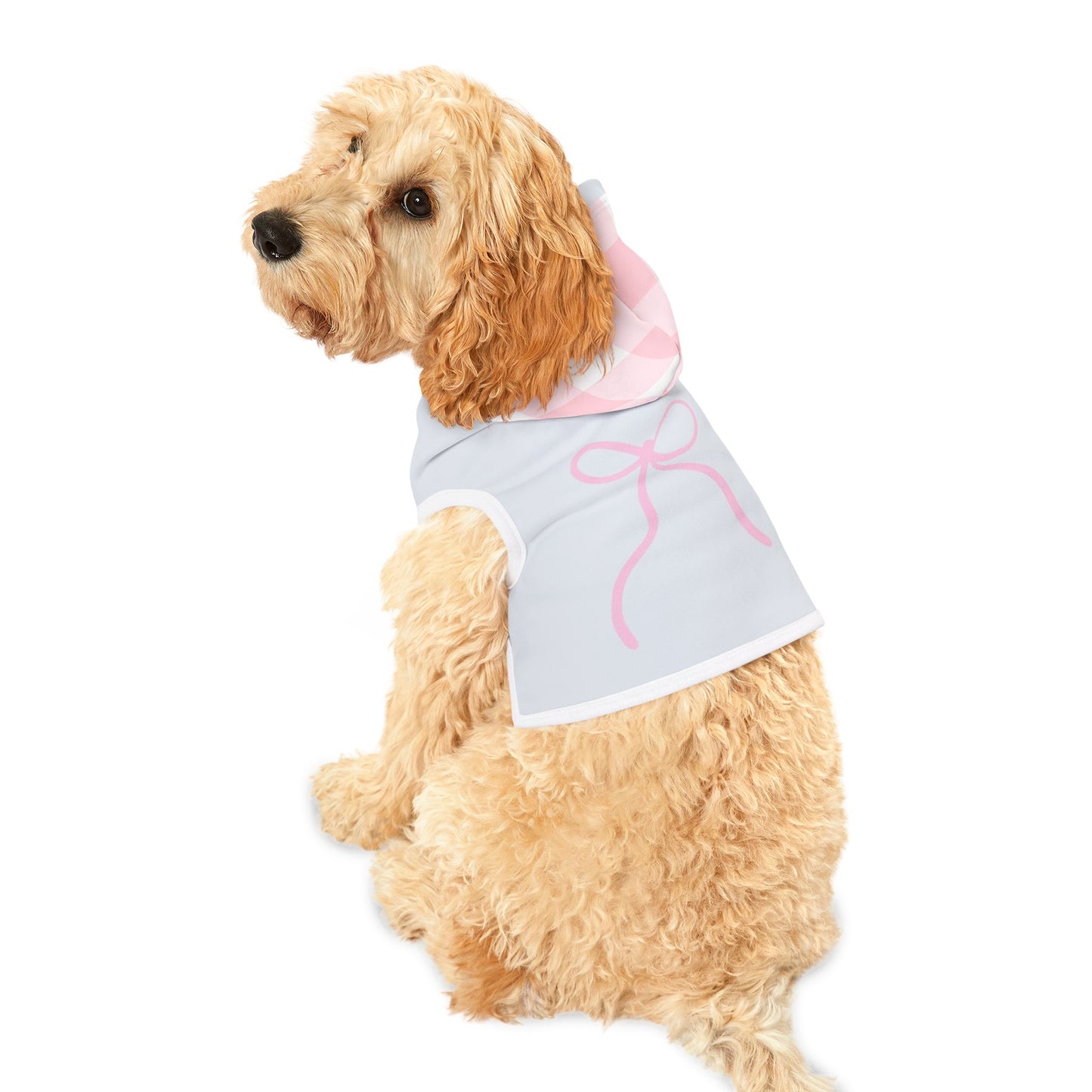 Cozy Pet Hoodie with Pink Checkered Hood, Cute Dog Sweater, Stylish Pet Apparel, Perfect for Walks and Photoshoots